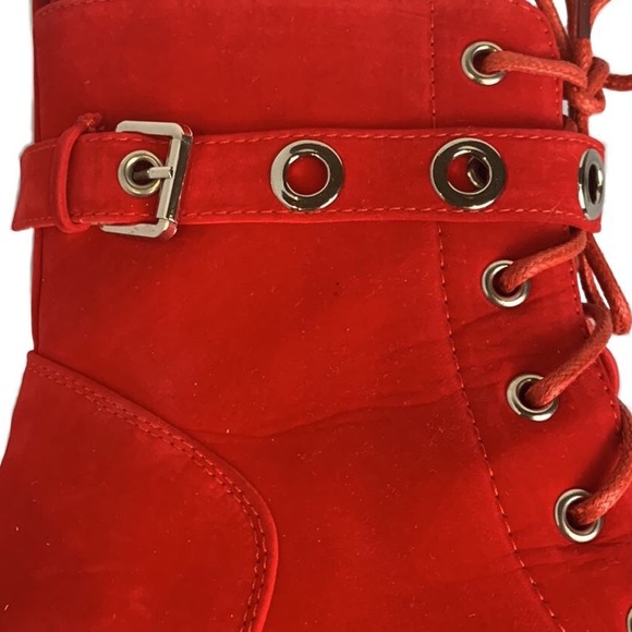 Koi Animal Friendly Suede Lace Up Zipper Rubber Sole Biker Ankle Boots Red - Picture 5 of 8